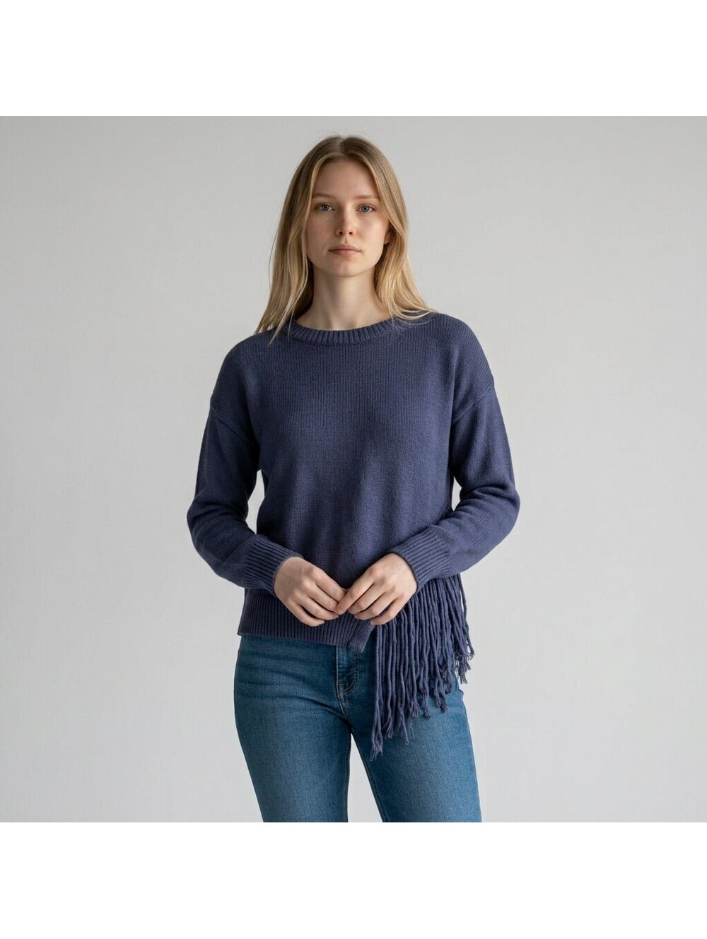 Marella Sweater Pullover Women M Medium Blue Knit Fringe Soft Cozy Long Sleeve